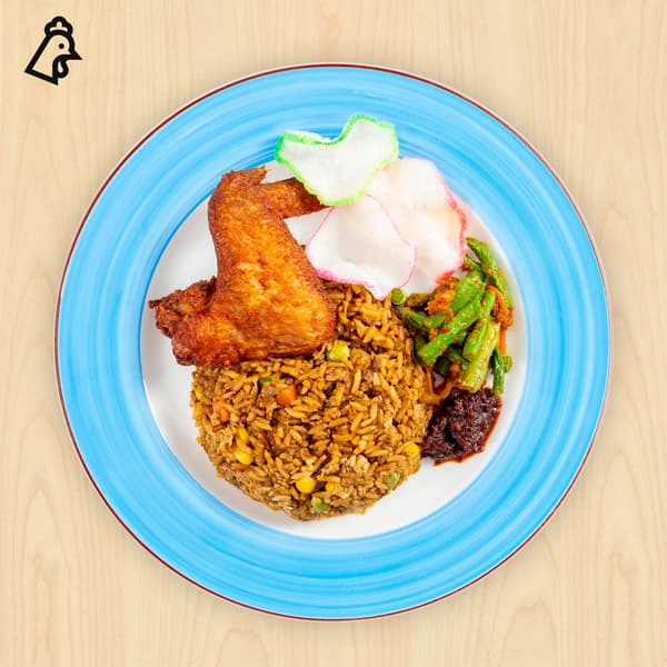 Nasi goreng with 1pc chicken wing and long beans with sambal chilli