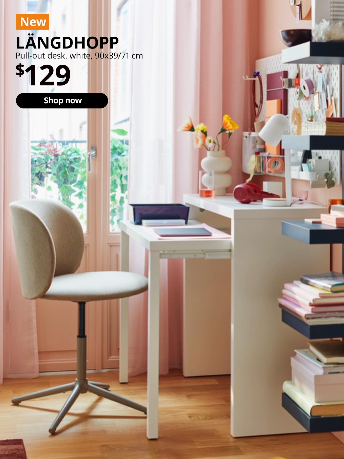 Natural light flooding into a study room in Singapore. A beige KRYLBO chair is parked in front of a white LÄNGDHOPP pull-out desk, 90x39/71 cm. Price: $129.