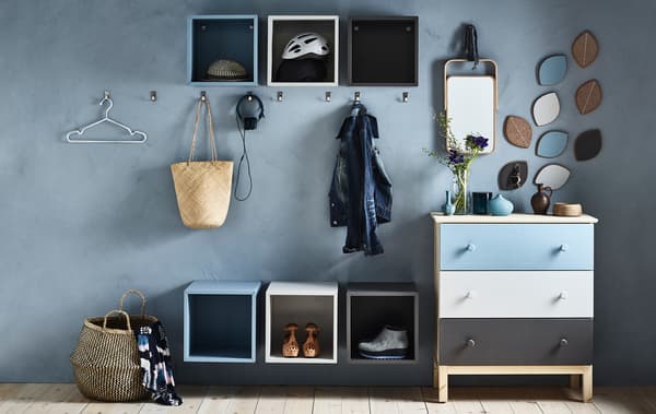 Need hallway organisation ideas in a shared house? Use different-coloured open EKET cabinets for each flatmate. Paint the same colours on a TARVA dresser, too.  