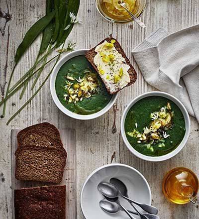 Nettle and wild garlic soup with potatoes and onions
