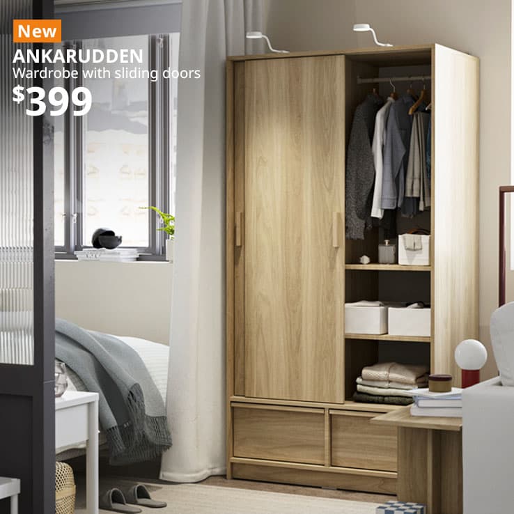 New. ANKARUDDEN wardrobe with sliding doors, oak effect, 98x60x190 cm. Price: $399