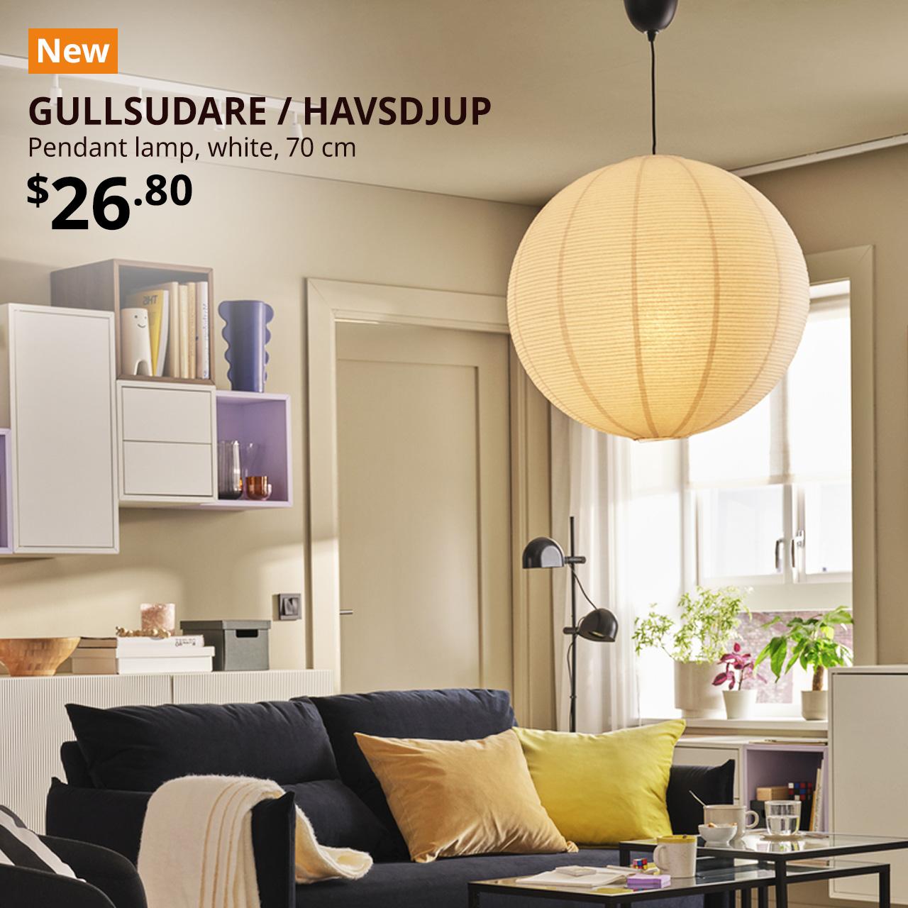 New GULLSUDARE / HAVSDJUP Pendant lamp, white, 70 cm, hanging in living room. Price: $26.80