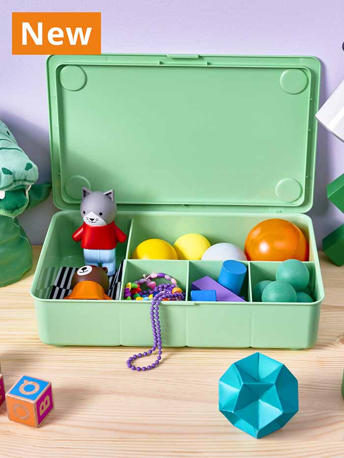 NEW IKEA baby and children's product. GLIS box with lid, green, 34x21 cm, filled with children's toys.