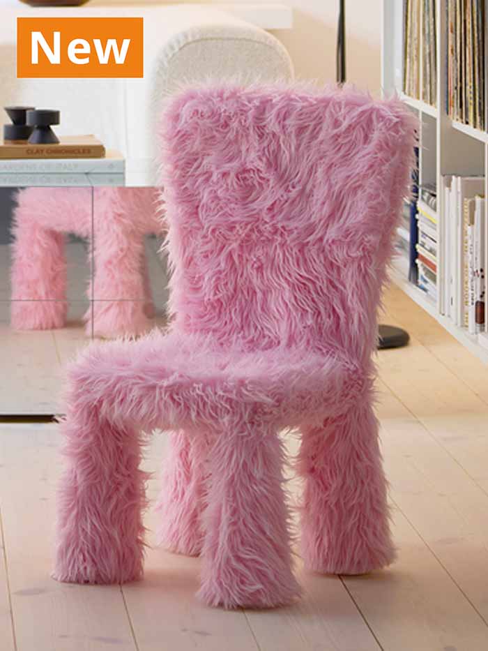 NEW IKEA baby and children's product. Pink furry MAMMUT chair from GREJSIMOJS collection.