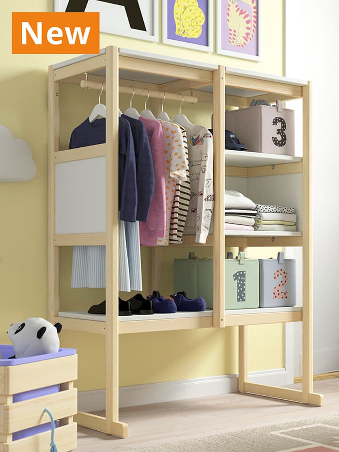 NEW IKEA baby and children's product. White stained pine FLISAT open storage children's wardrobe in children's room in Singapore.