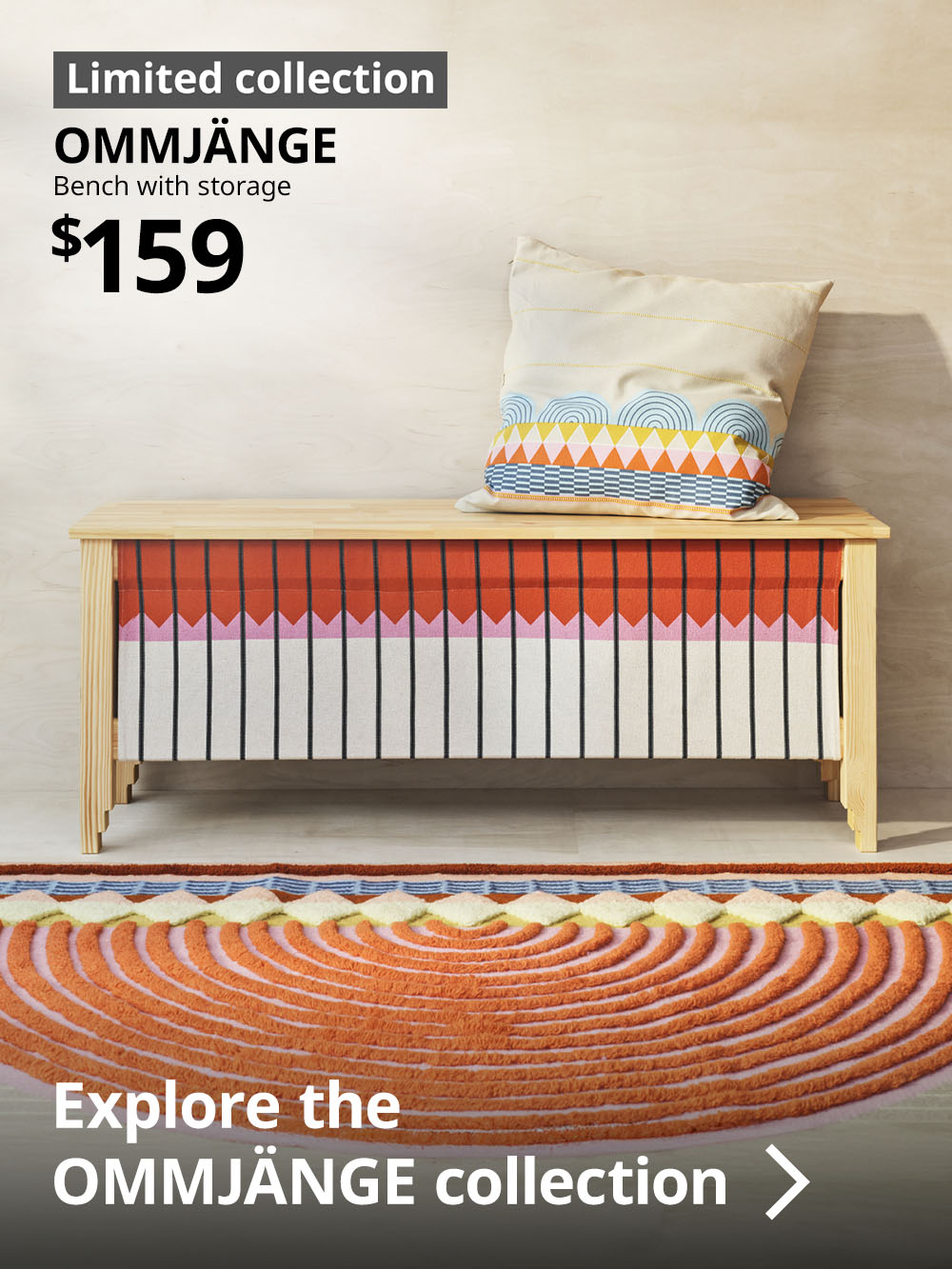 New IKEA collection. OMMJÄNGE collection features OMMJÄNGE bench with storage ($159), OMMJÄNGE rug and cushion cover.