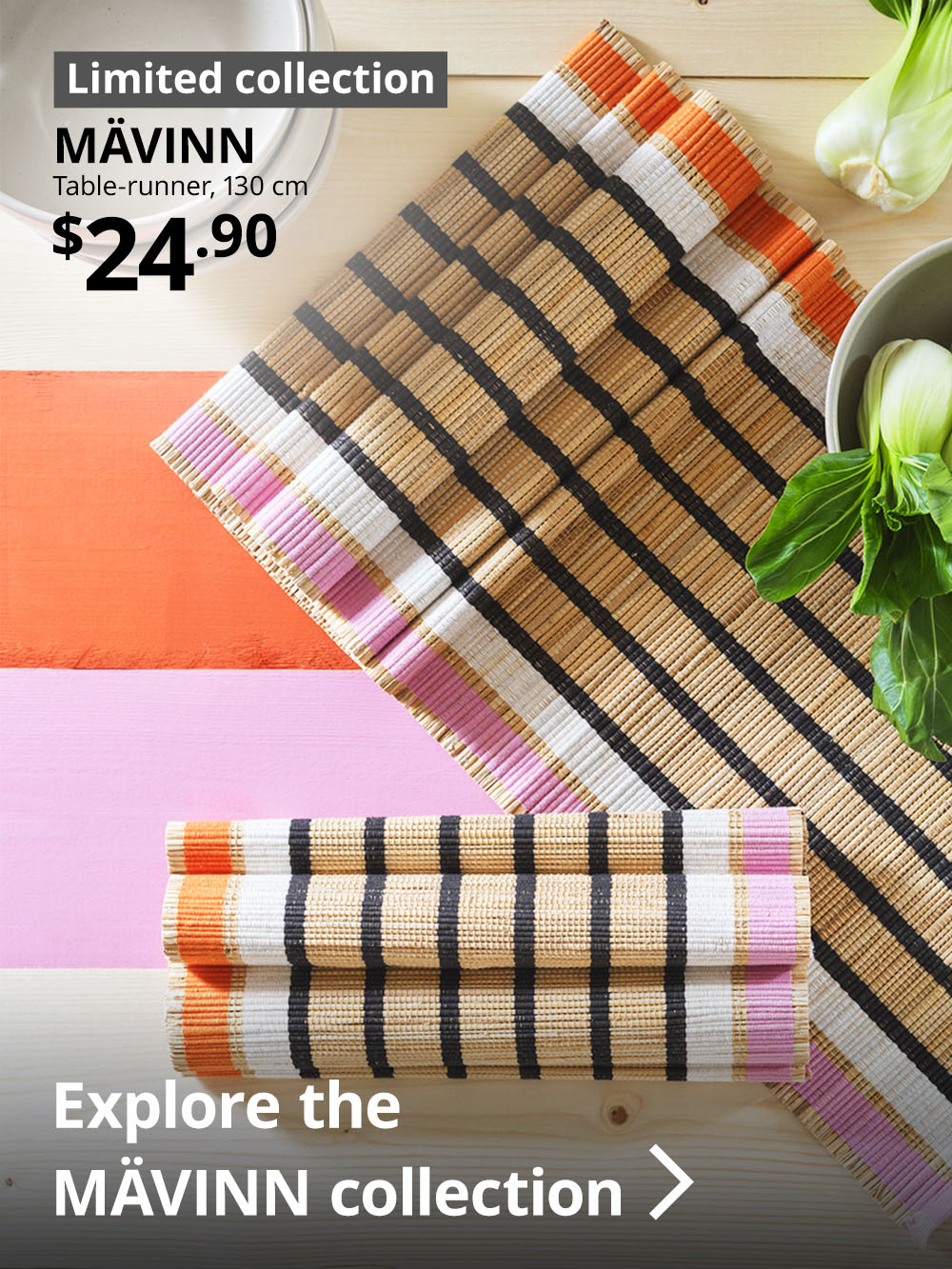 New IKEA collection. Pink/orange striped MÄVINN table runner, 130 cm, $24.90.