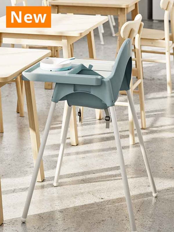 NEW IKEA product. ANTILOP highchair/tray grey-blue/white in a restaurant.