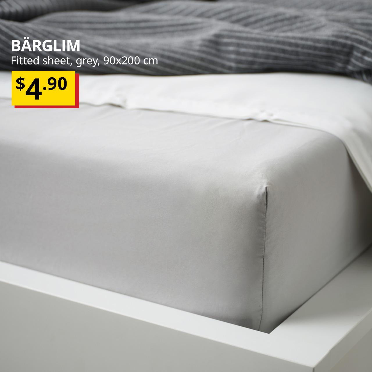 New IKEA product. BÄRGLIM fitted sheet, grey, 90x200 cm. Price: $4.90