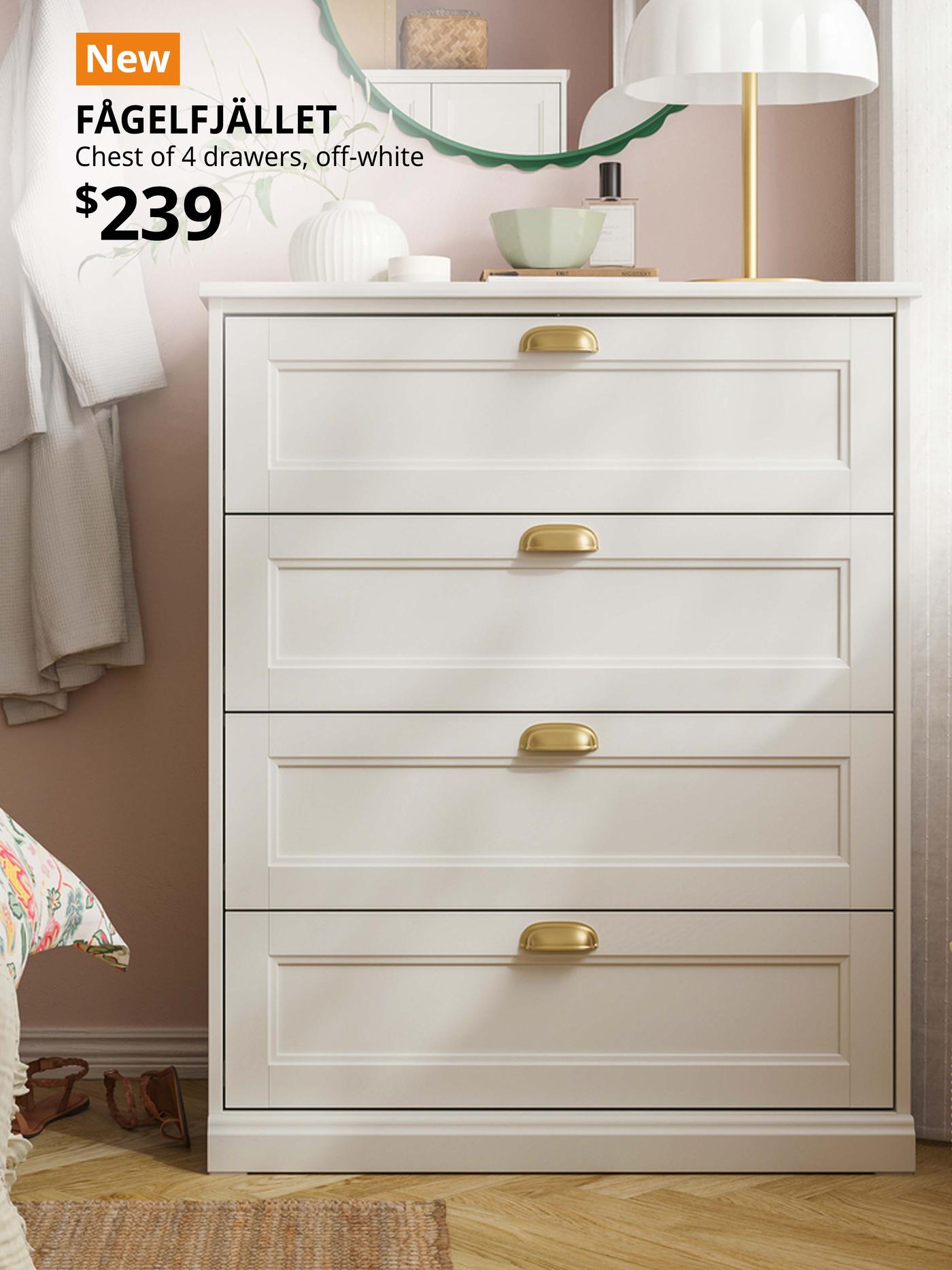 NEW IKEA product. Bedroom features an off-white traditional style FÅGELFJÄLLET chest of drawers. Price: $239