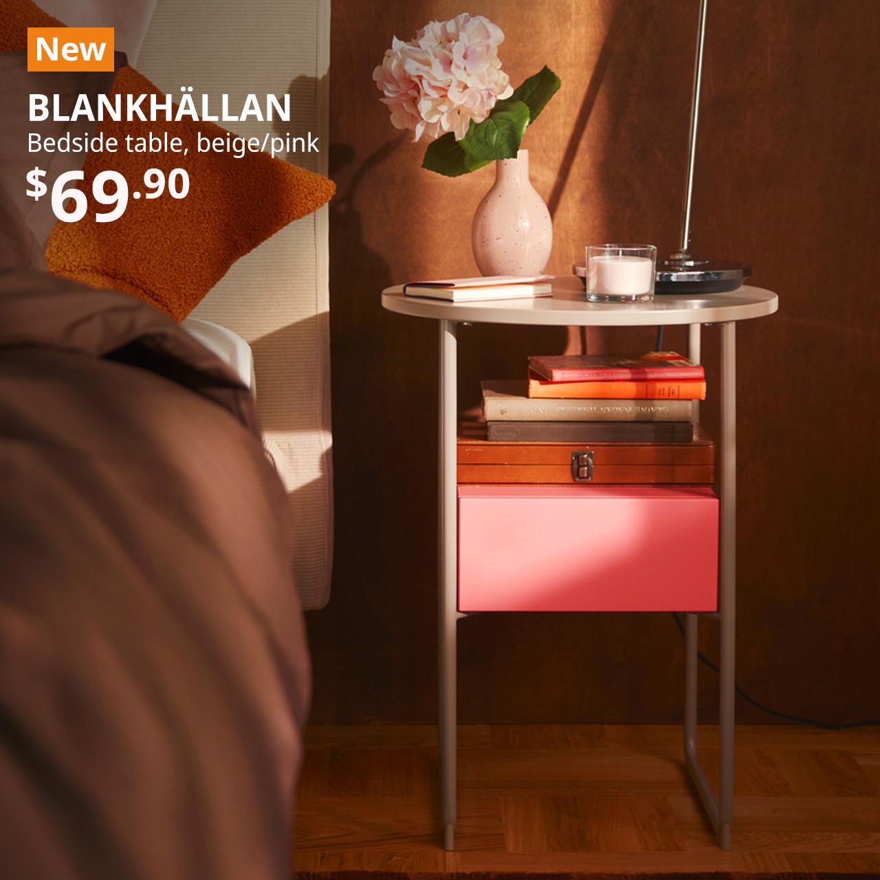 NEW IKEA product. BLANKHÄLLAN bedside table, beige/pink in a modern style bedroom. Price: $69.90