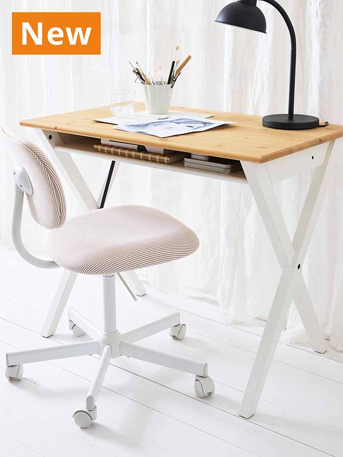 NEW IKEA product. BOLLPOJKE desk and beige BLECKBERGET swivel chair in study room.