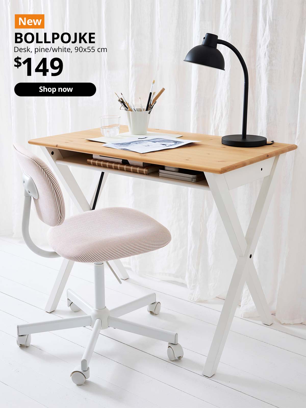 NEW IKEA product. BOLLPOJKE desk, pine/white, 90x55 cm.