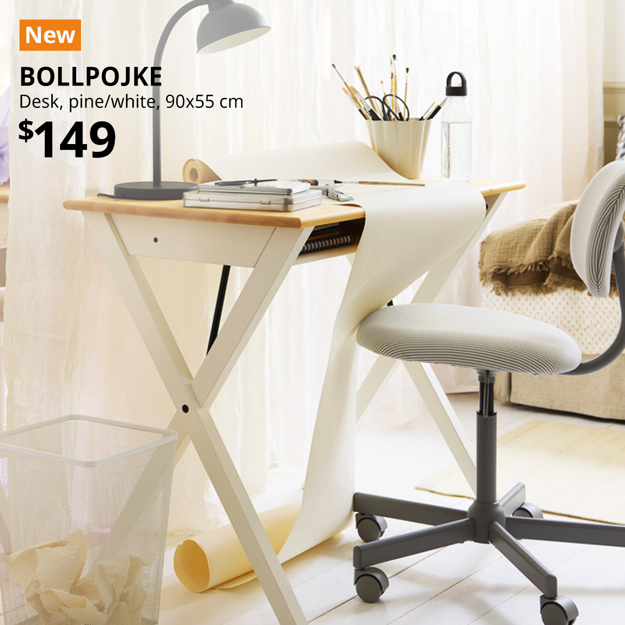 New IKEA product. BOLLPOJKE desk, pine/white, 90x55 cm. $149