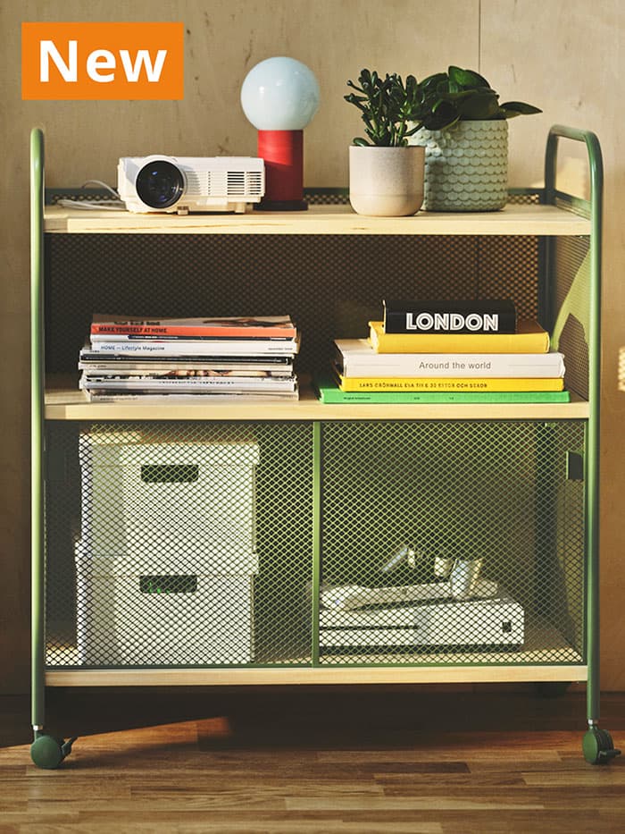 NEW IKEA product. Books and plants stacked on NÅLMAKARE cabinet on castors in a living room in Singapore.