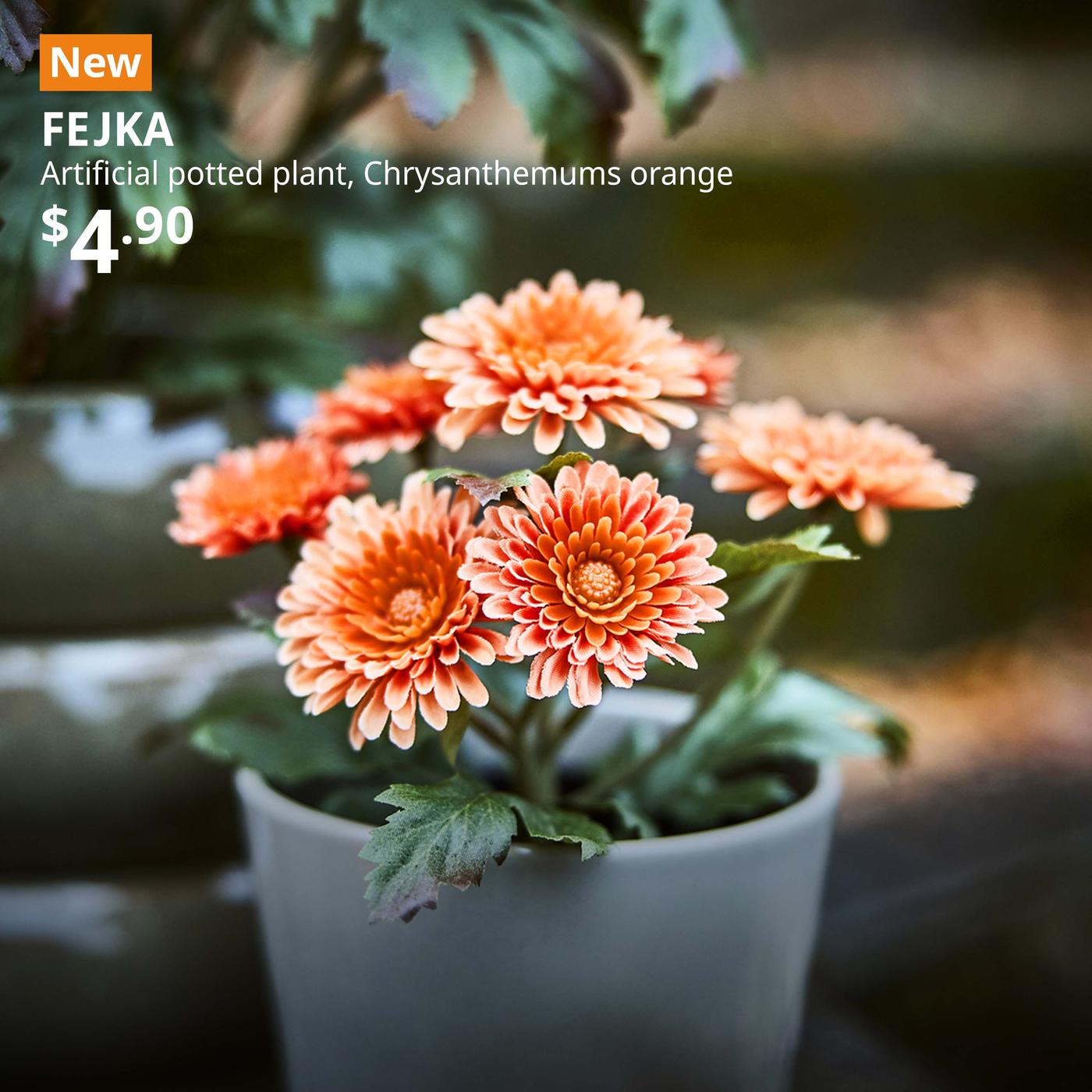 NEW IKEA product. FEJKA artificial potted plant, in/outdoor/Chrysanthemums orange, 9 cm. Price: $4.90