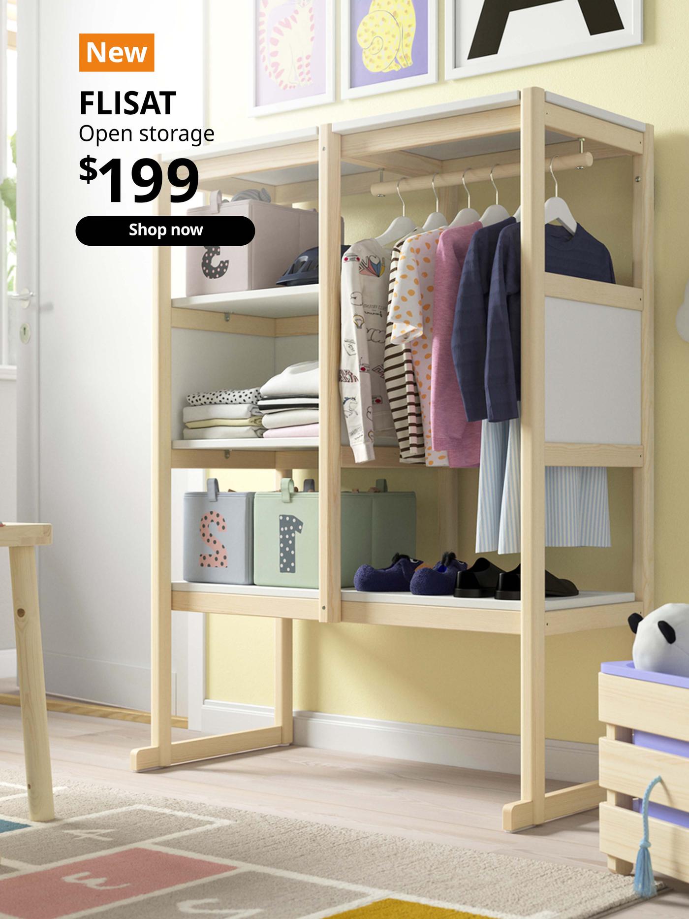 NEW IKEA product. FLISAT open storage filled with kids clothes and kids toy in children's room. Price: $199.