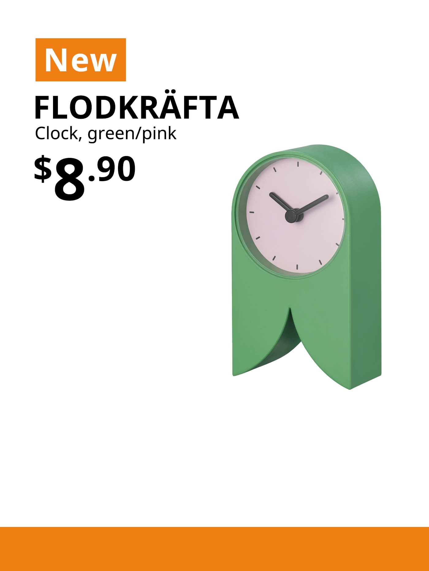 New IKEA product. FLODKRÄFTA clock, green/pink, 8x15x4 cm. Price: $8.90