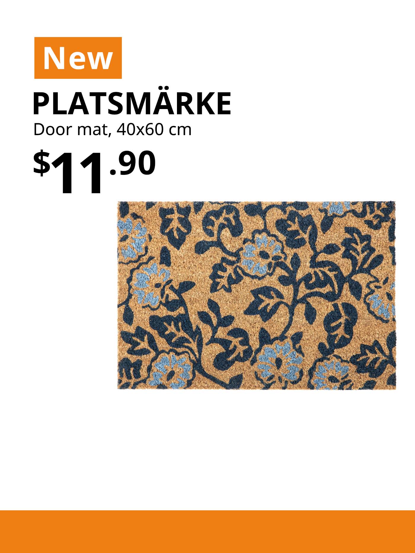 NEW IKEA product. Floral patterned PLATSMÄRKE door mat, 40x60cm. $11.90