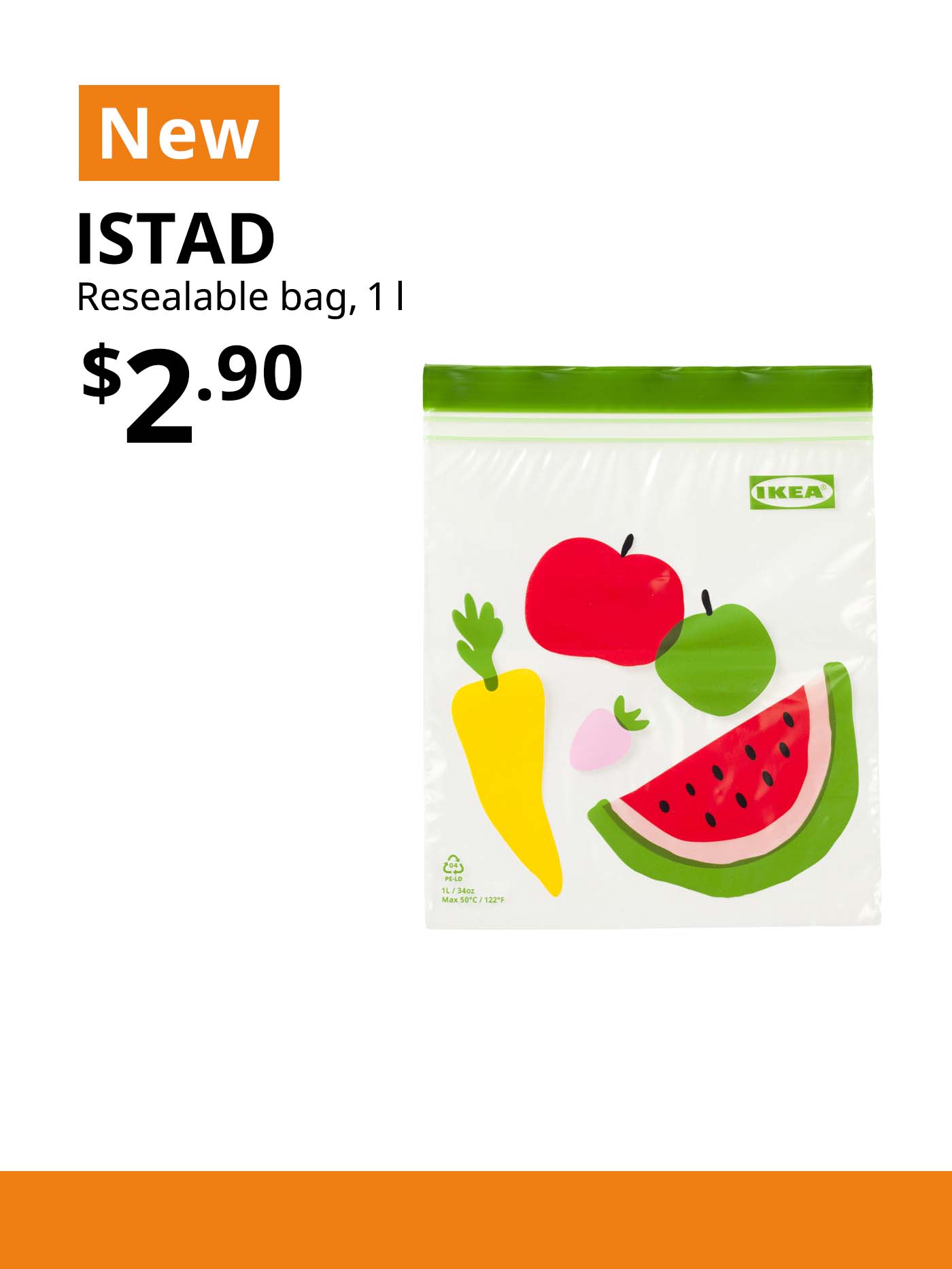 NEW IKEA product. Fruit/vegetables pattern green, 1 l ISTAD resealable bag. $2.90