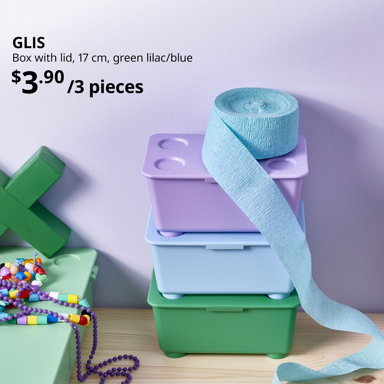 New IKEA product. GLIS box with lid, green lilac/blue, 17x10 cm. $3.90/3 pieces