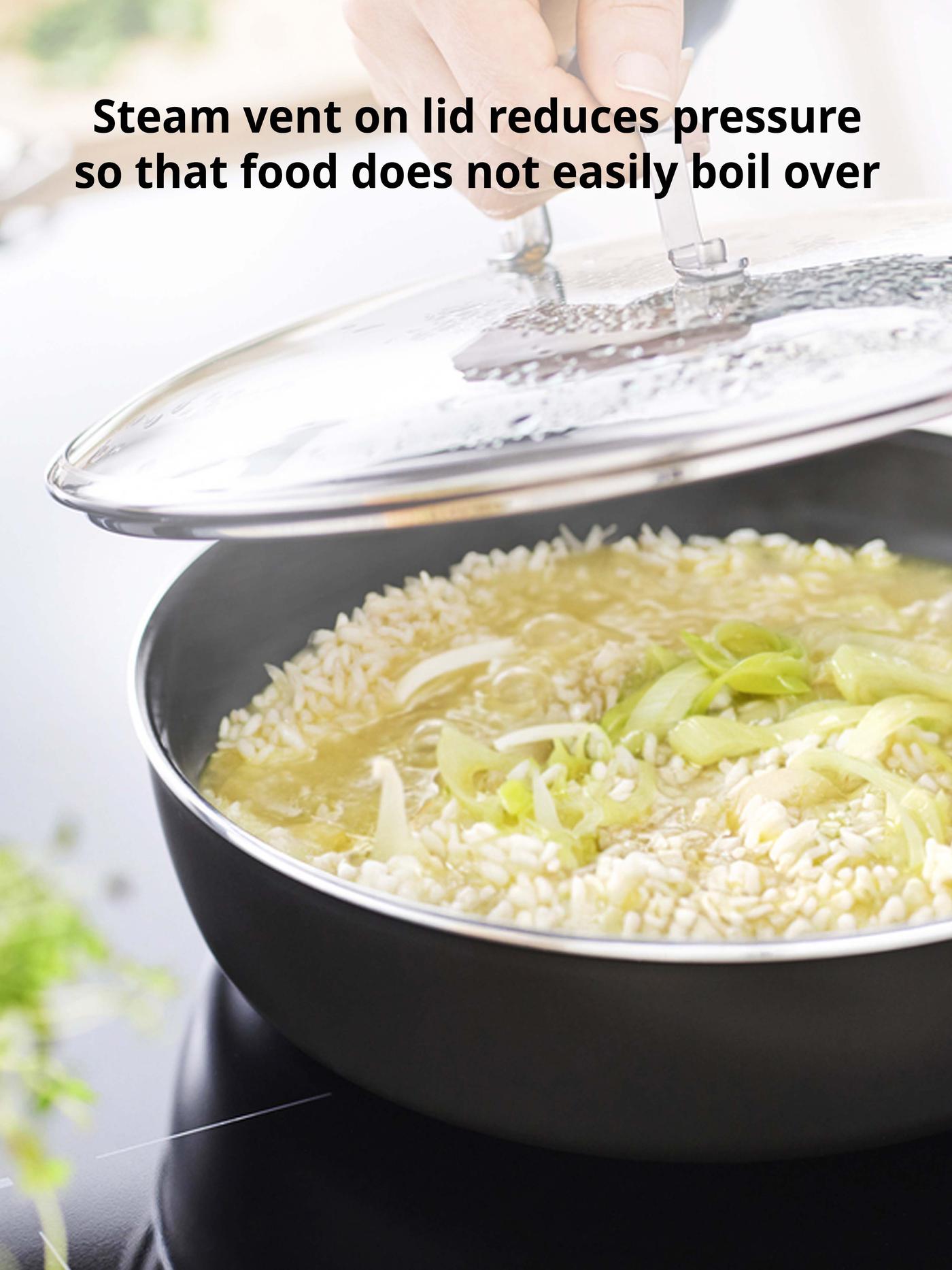 New IKEA product. GULDÖRING sauté pan with lid, non-stick coating glass/black-grey, 28 cm. Price: $34.90. Benefits: Steam vent reduces pressure so that food does not easily boil over.