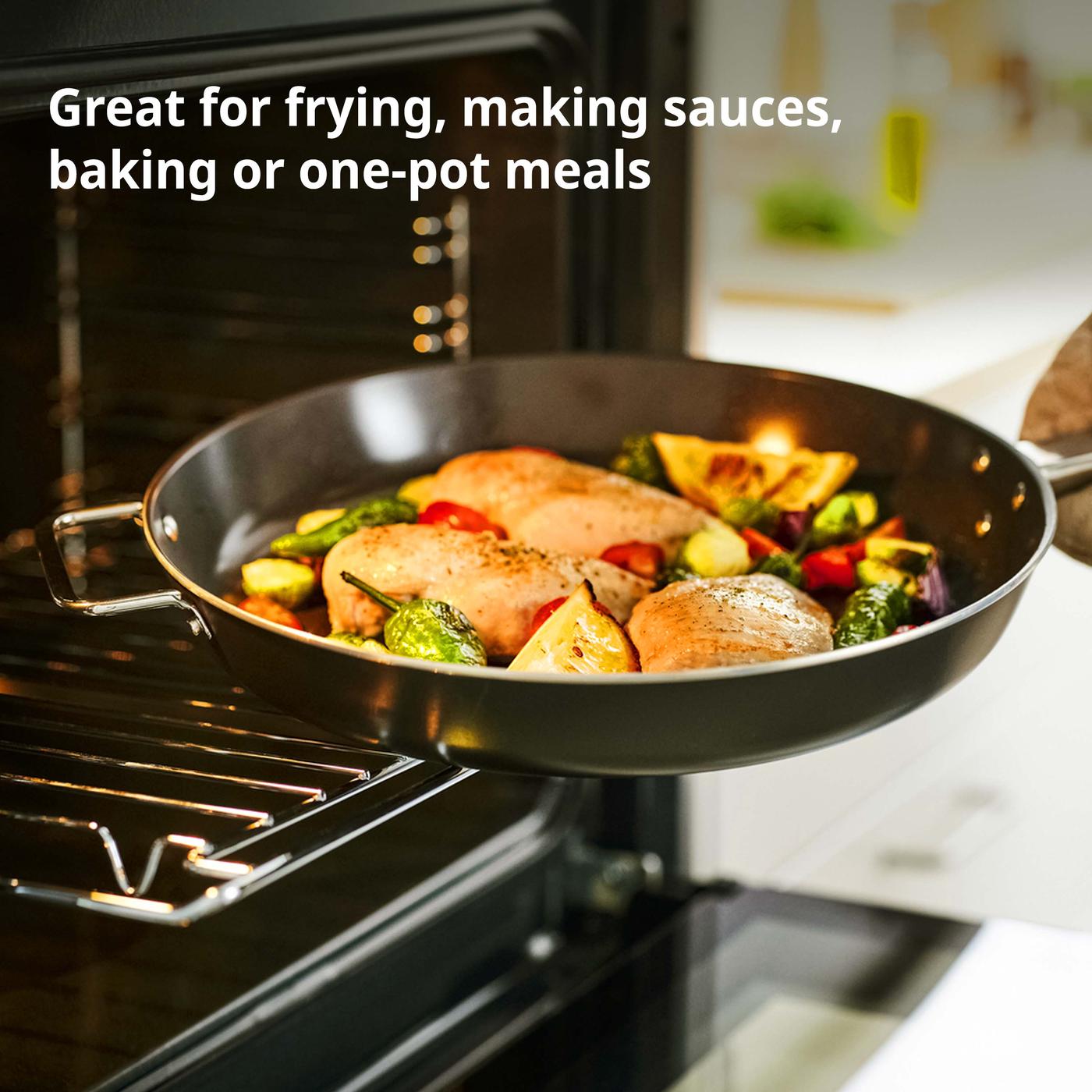 New IKEA product. GULDÖRING sauté pan with lid, non-stick coating glass/black-grey, 28 cm. Price: $34.90. Benefits: Great for frying, making sauces or cooking with one-pot meals