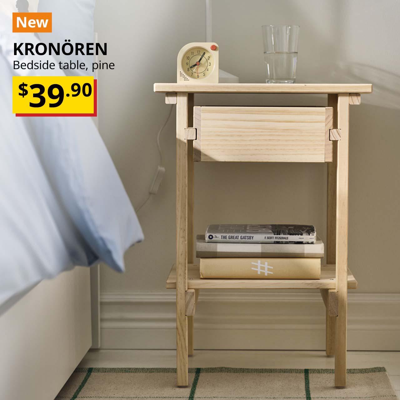 NEW IKEA product. KRONÖREN bedside table, pine, 39x32x55 cm. Price: $39.90