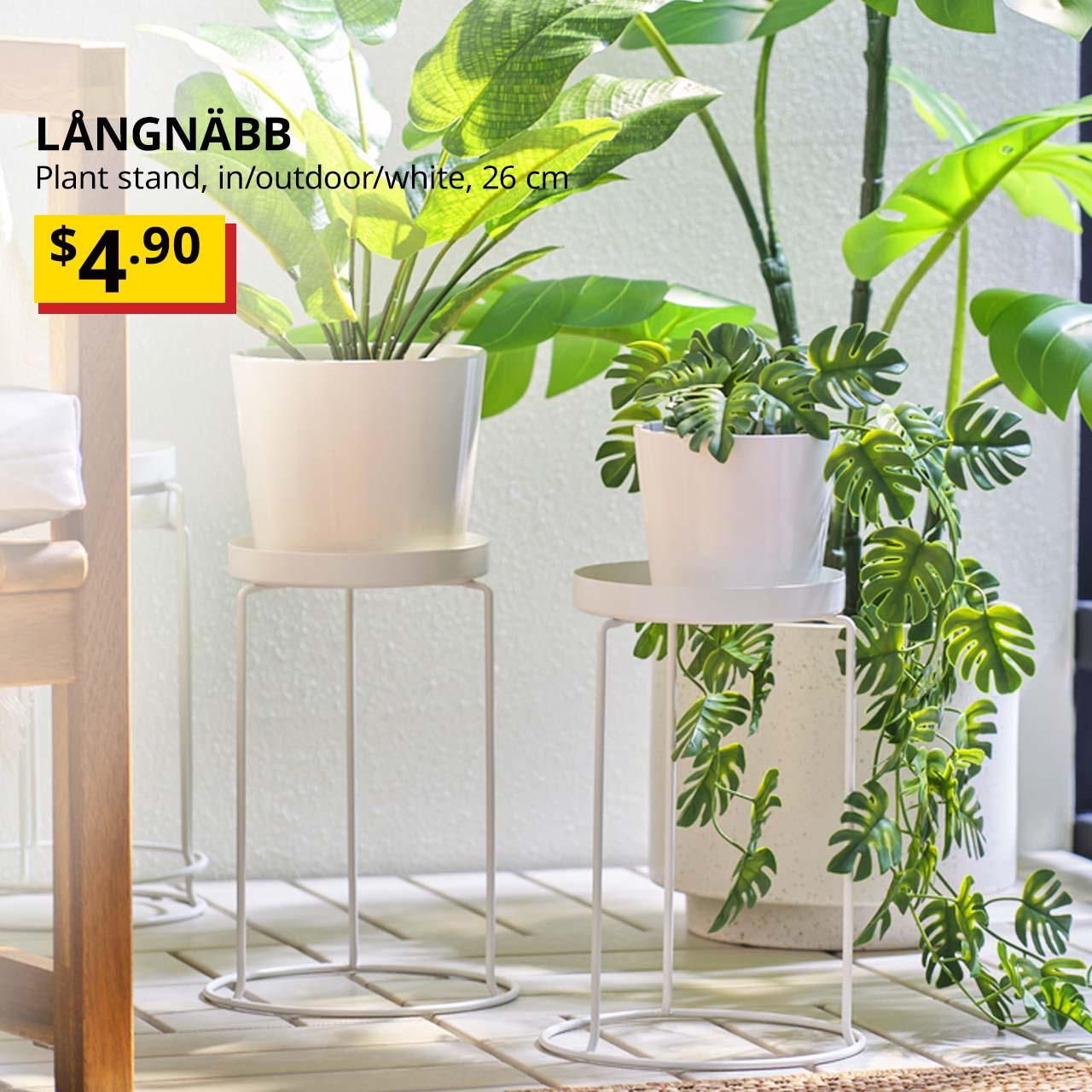 New IKEA product. LÅNGNÄBB plant stand, in/outdoor/white, 26 cm. Price: $4.90