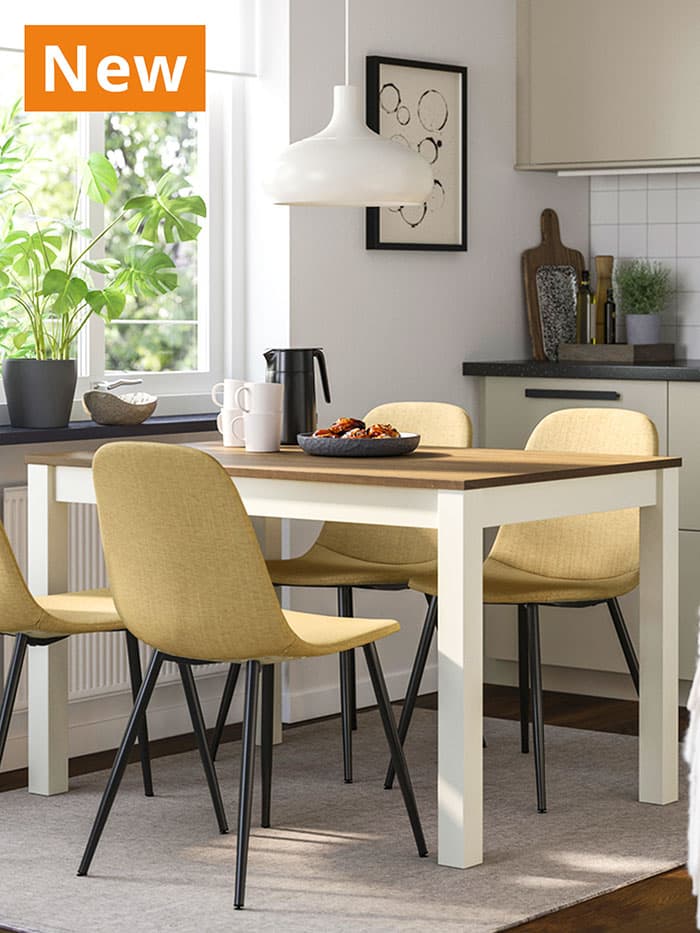 NEW IKEA product. Letafors yellow-beige NORDMANSSKÄR dining chairs with ÅLHULT dining table in a modern dining room setting in Singapore.