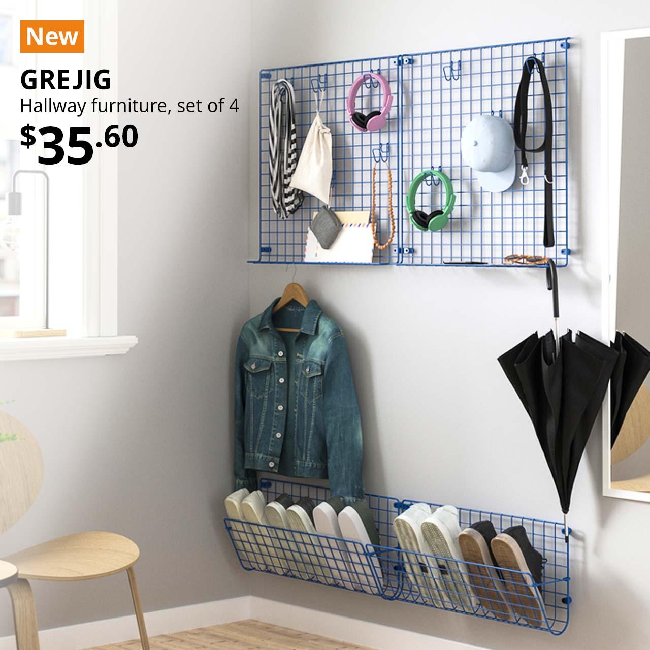 New IKEA product. Main entrance features blue GREJIG hallway furniture comprising of two wall hook pockets and two shoe racks mounted on the walls. Price: $35.60