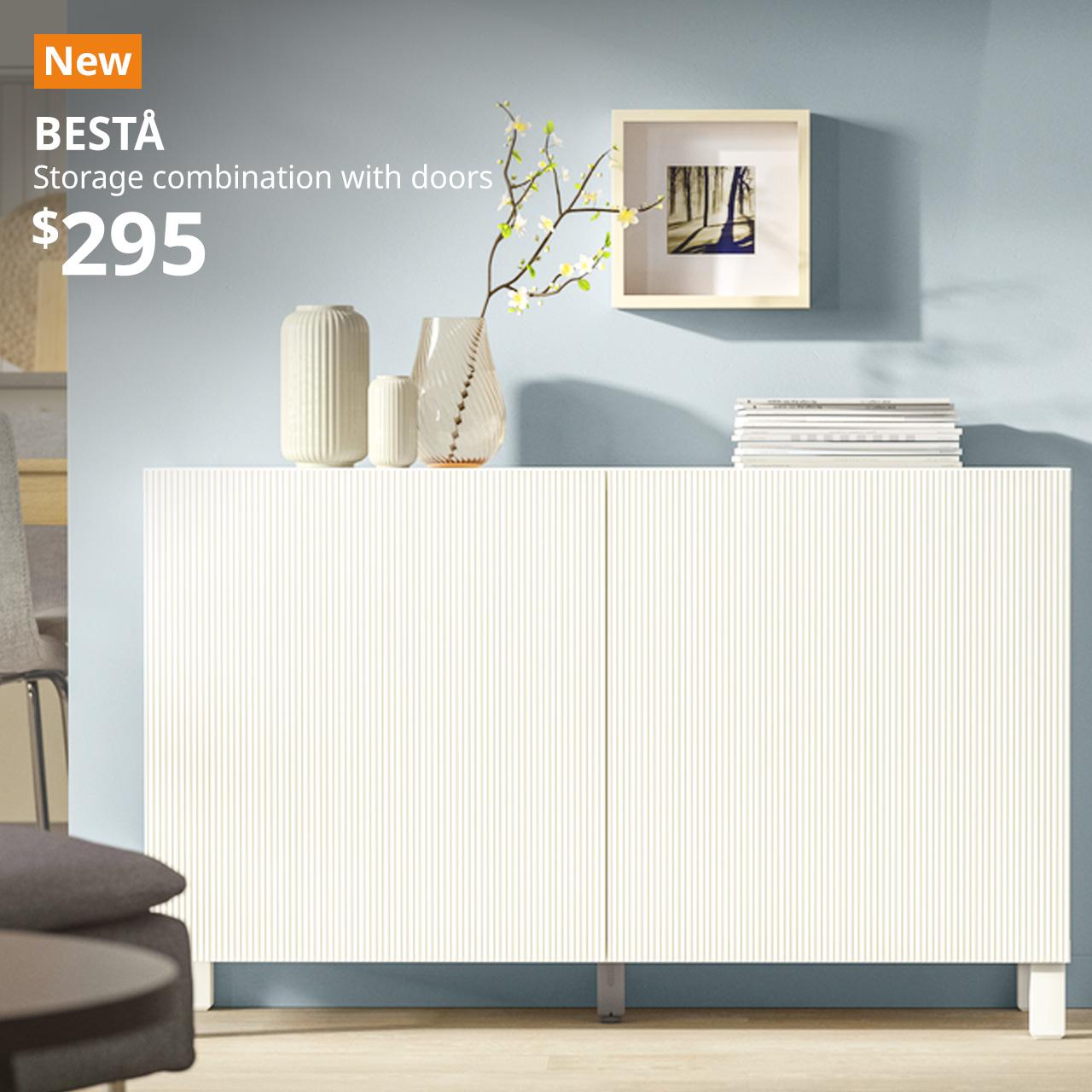 New IKEA product. Main entrance in the home features BESTÅ storage combination with doors, Förvaltare white/Stubbarp white, 120x42x74 cm. Price: $295