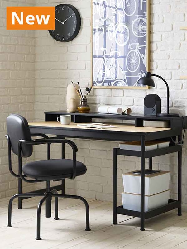 NEW IKEA product. MULLSJÖ swivel chair 49 cm in Gräsnäs dark grey with MULLSJÖ desk in study room/ home office.