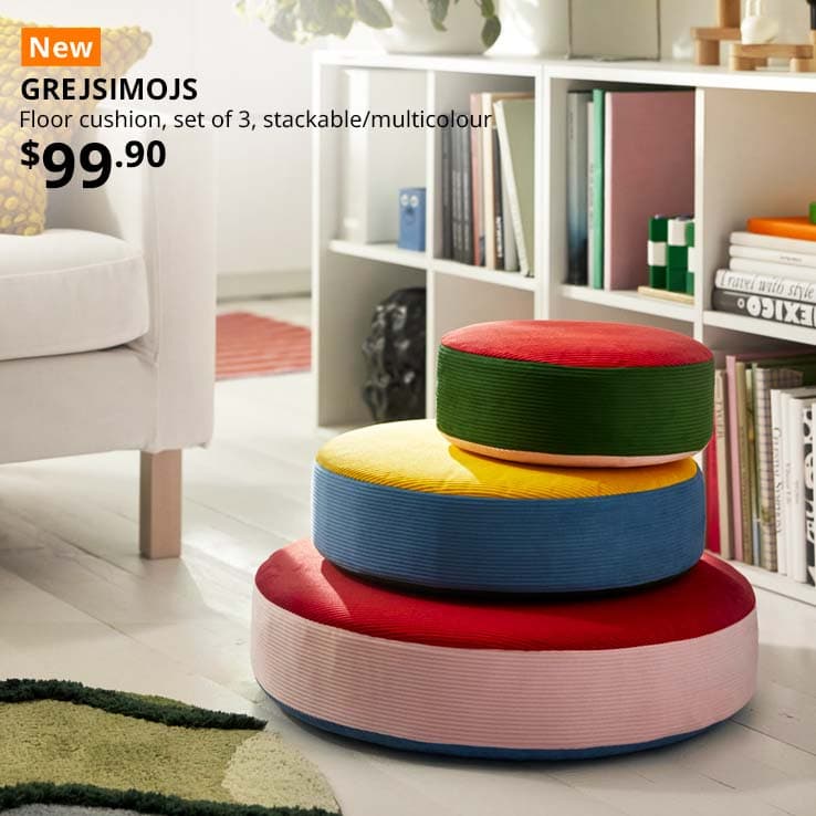 New IKEA product. Multicolour stackable GREJSIMOJS floor cushions, set of 3, in a children's room. Price: $99.90