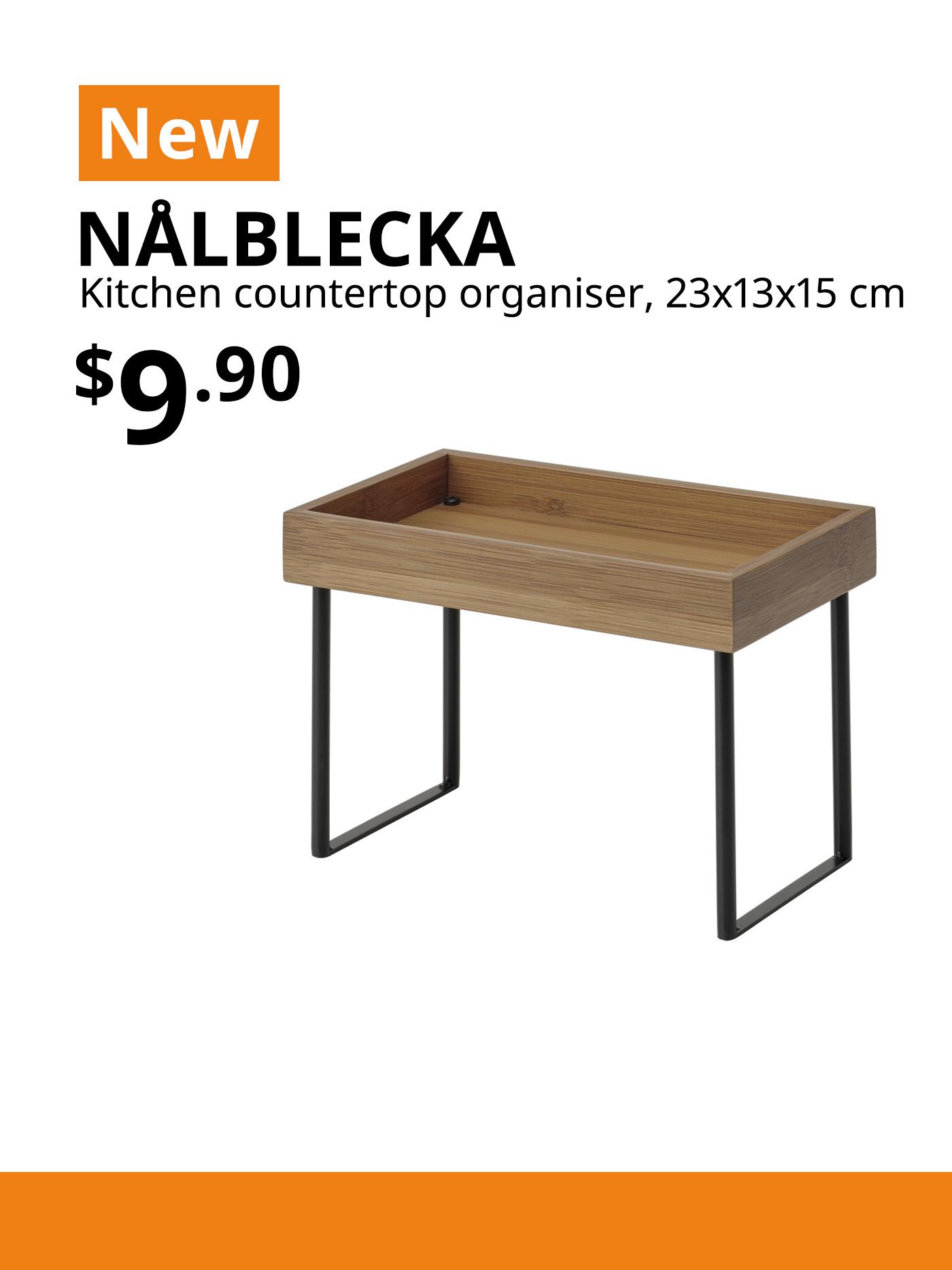 New IKEA product. NÅLBLECKA kitchen countertop organiser, metal/bamboo, 23x13x15 cm. Price: $9.90.
