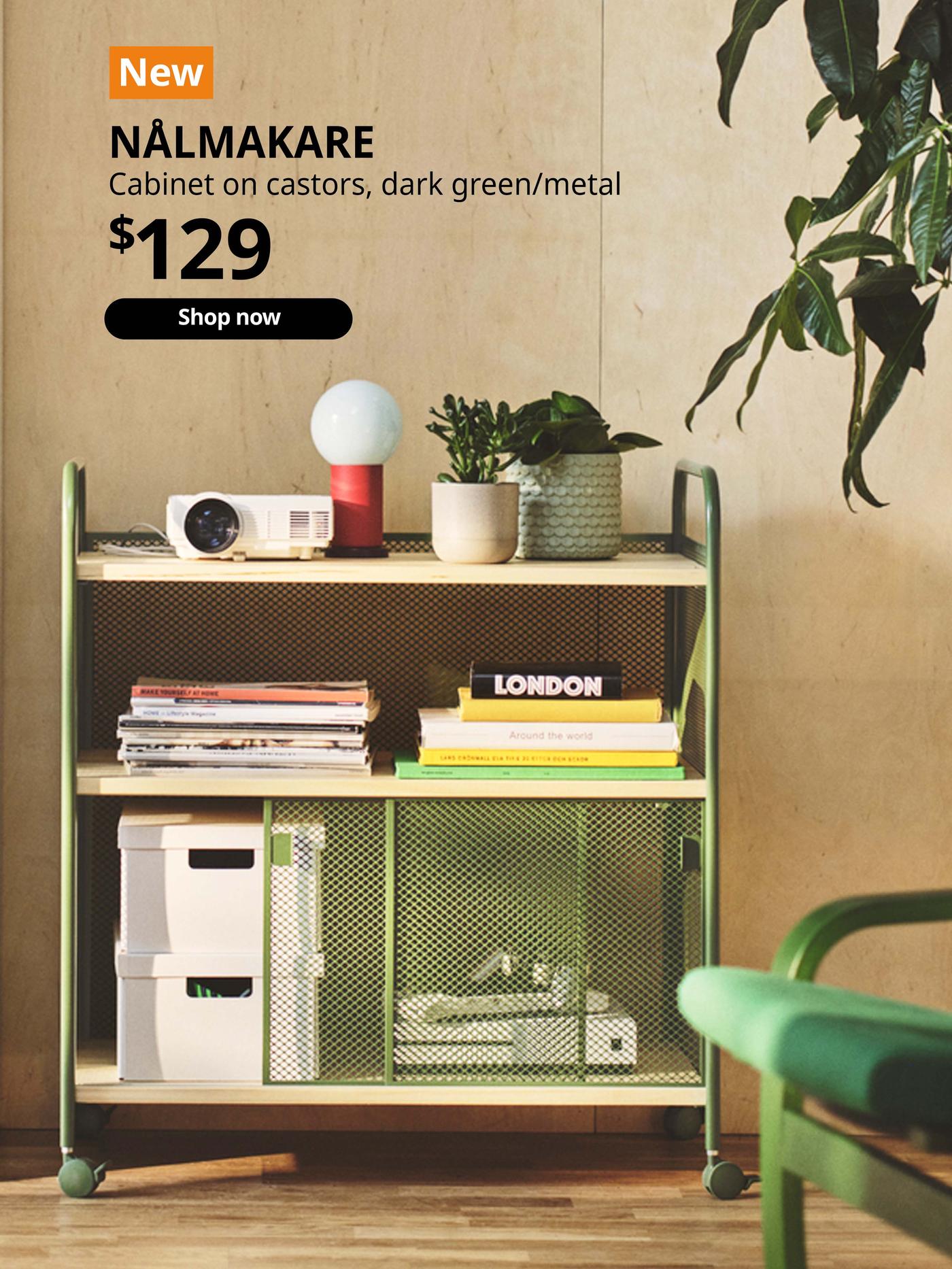 NEW IKEA product. NÅLMAKARE cabinet on castors in living room. Price: $129.