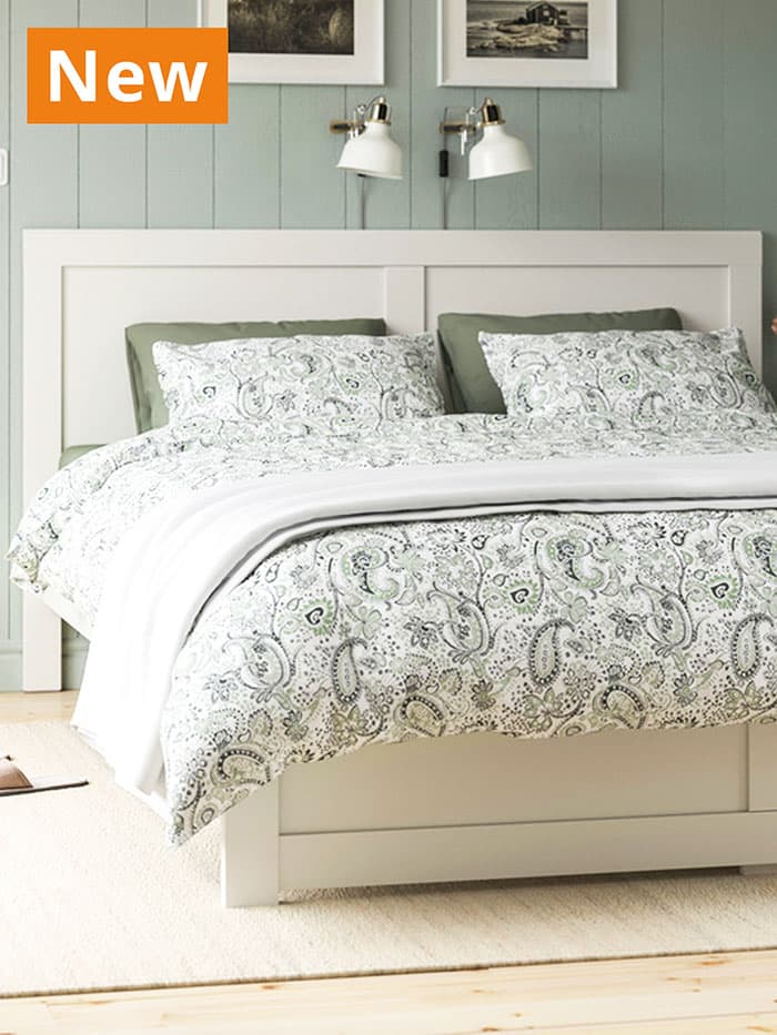 NEW IKEA product. Off-white FÅGELFJÄLLET queen-sized bed frame in a bedroom in Singapore.