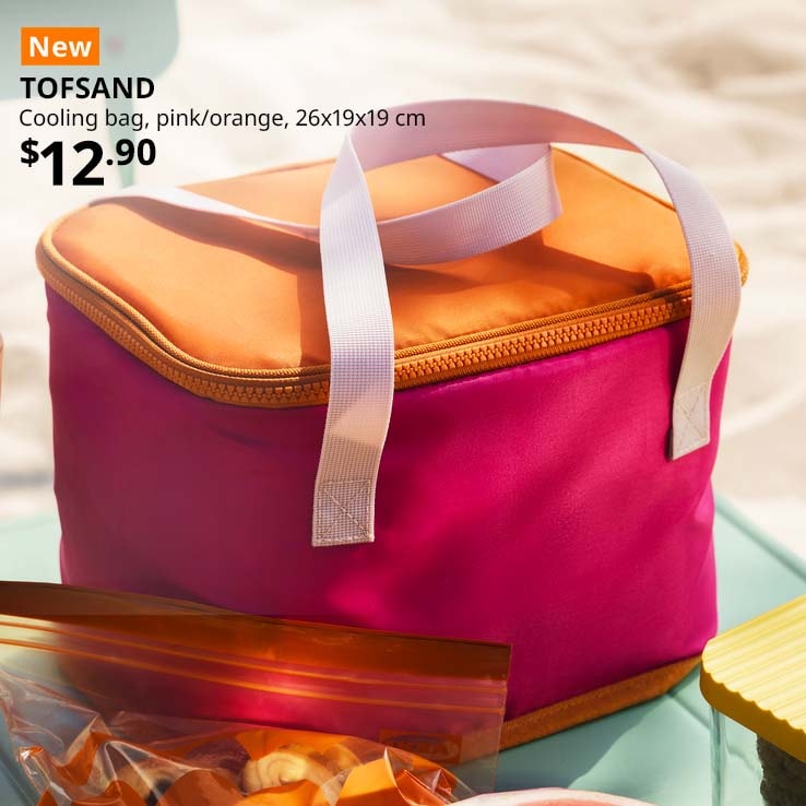 New IKEA product. Pink/orange TOFSAND cooling bag, 26x19x19 cm. Price: $12.90