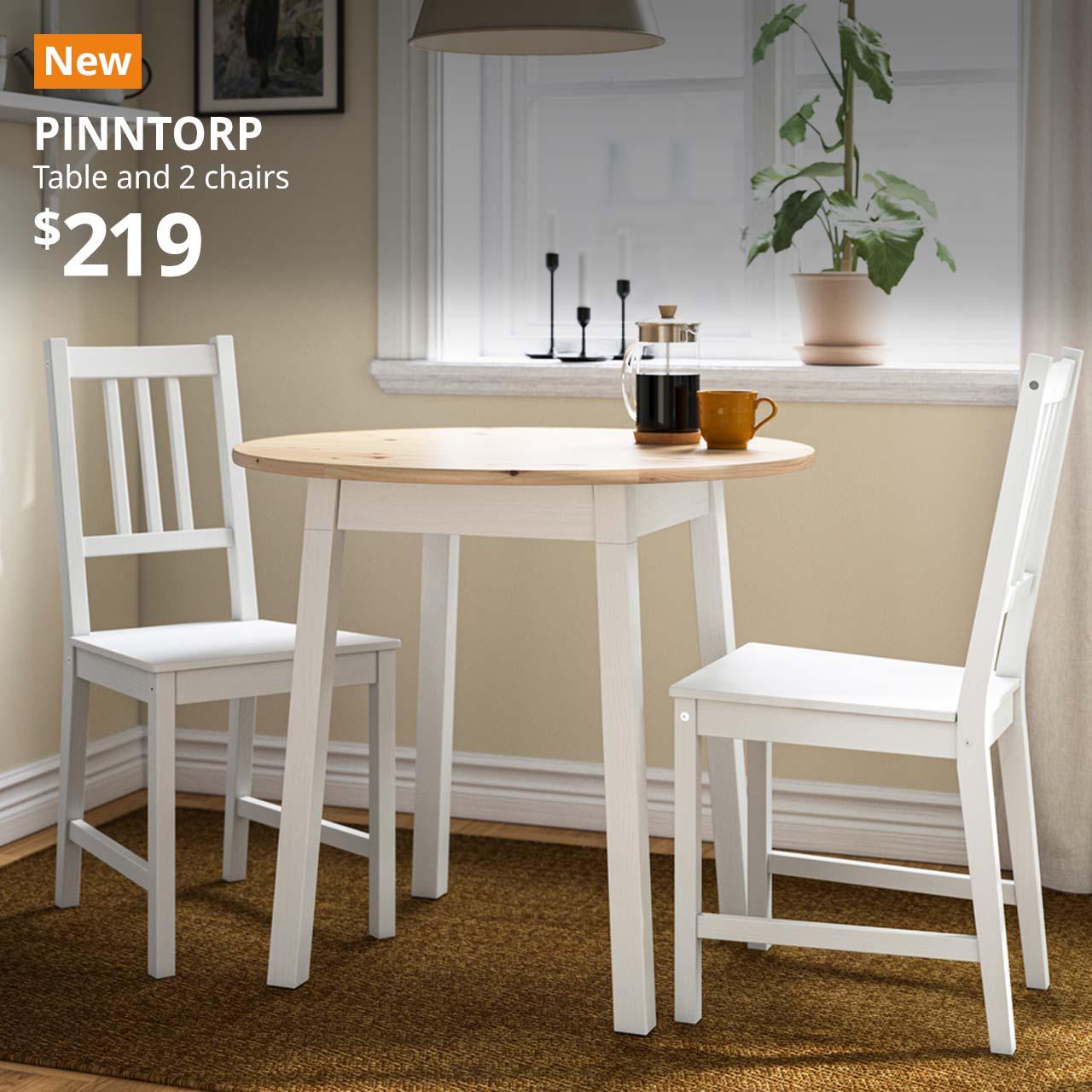 New IKEA product. PINNTORP table and 2 chairs, light brown stained white stained/white stained pine, 85 cm. Price: $219