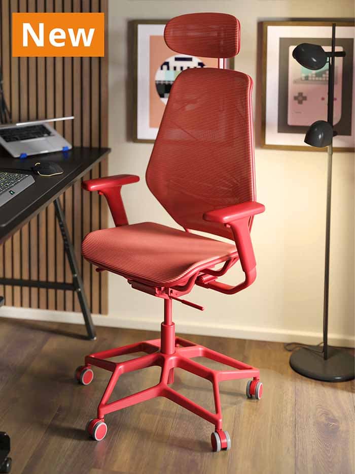 NEW IKEA product. Red STYRSPEL gaming chair in a study room / home office.
