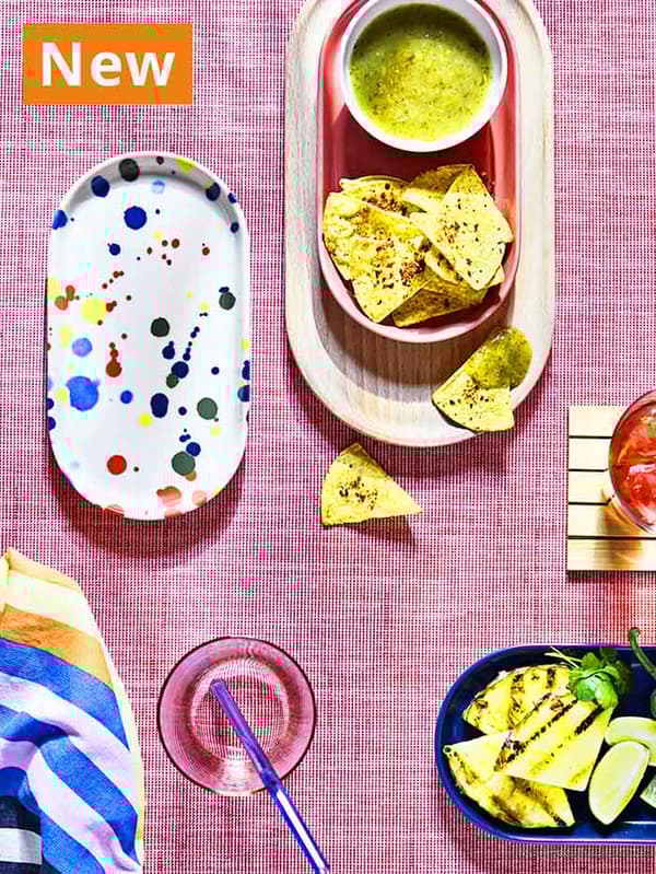 NEW IKEA product. RÖDSNULTRA serving plate 20 cm mixed patterns filled with nacho chips and guacamole.