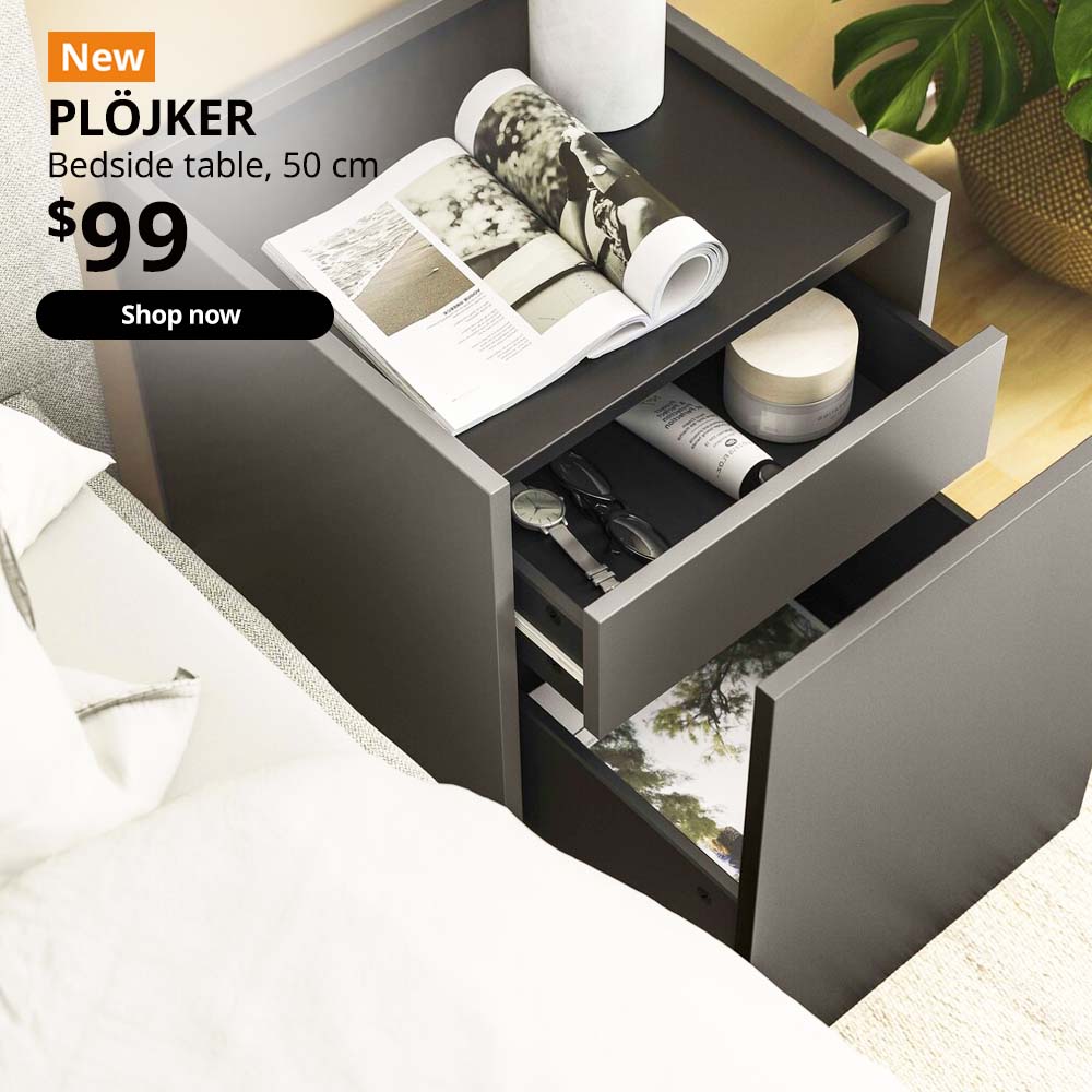 NEW IKEA product. Singapore bedroom features PLÖJKER bedside table, dark grey, 41x41x50 cm. $99