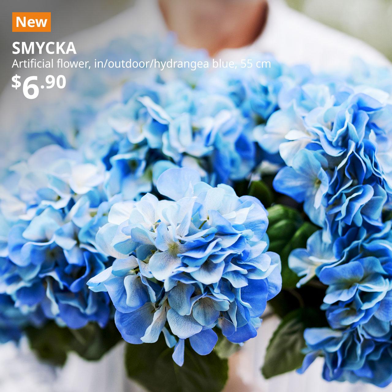 New IKEA product. SMYCKA artificial flower, in/outdoor/hydrangea blue, 55 cm. Price: $6.90