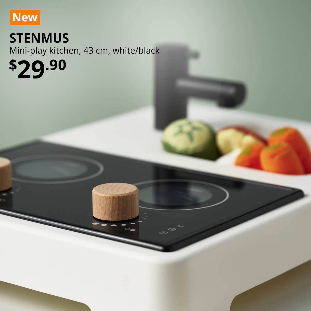 NEW IKEA Product. STENMUS mini-play kitchen with hobs and sink filled with toy vegetables, $29.90