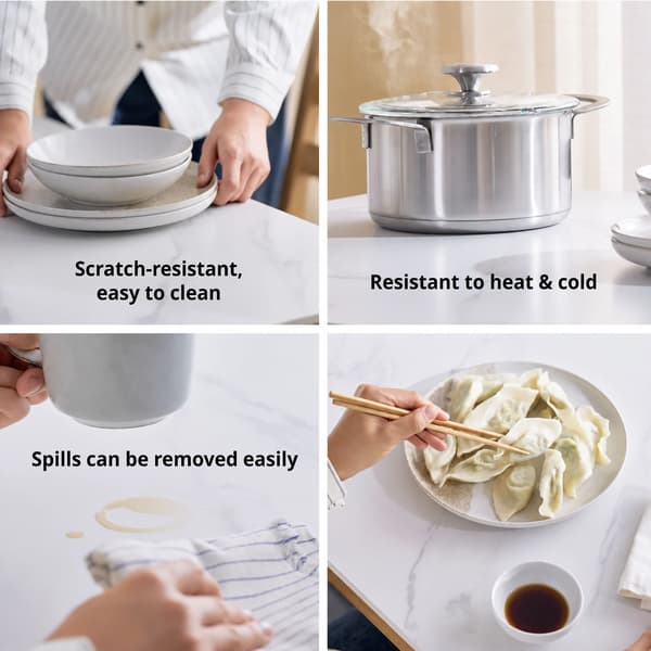 New IKEA product. TRÖDEN dining table, ceramic, 140x80 cm. Price: $399. Showing benefits of table, scratch-resistant and spills can be removed easily.