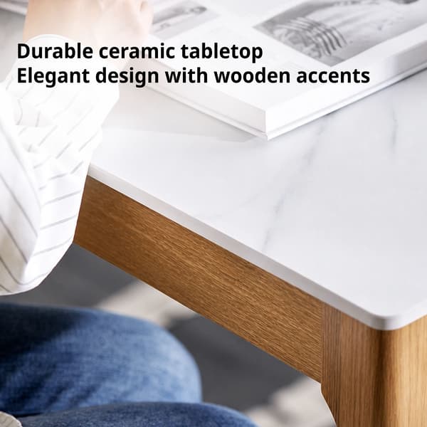 New IKEA product. TRÖDEN dining table, ceramic, 140x80 cm. Price: $399. Images shows durable ceramic tabletop, elegant design with wooden accents.