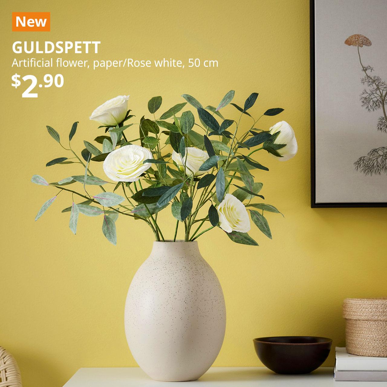 New IKEA product. Vase filled with GULDSPETT artificial flower, paper/Rose white, 50 cm. Price: $2.90