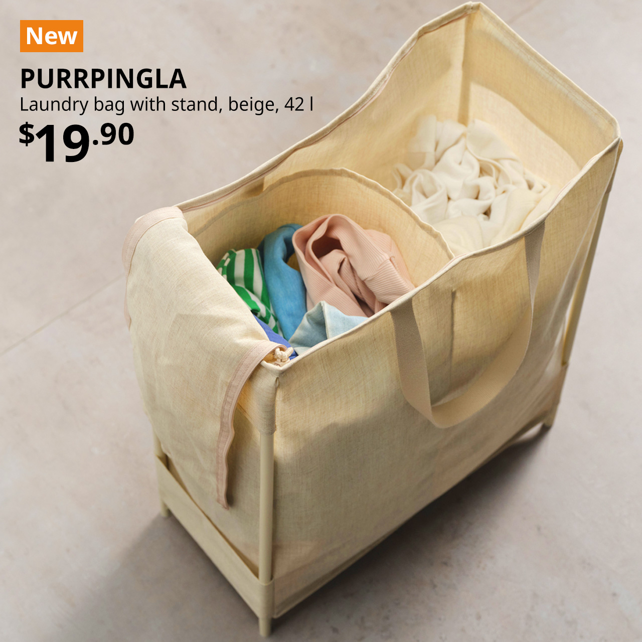 NEW laundry product. PURRPINGLA laundry bag with stand, beige, 42 l. Price: $19.90