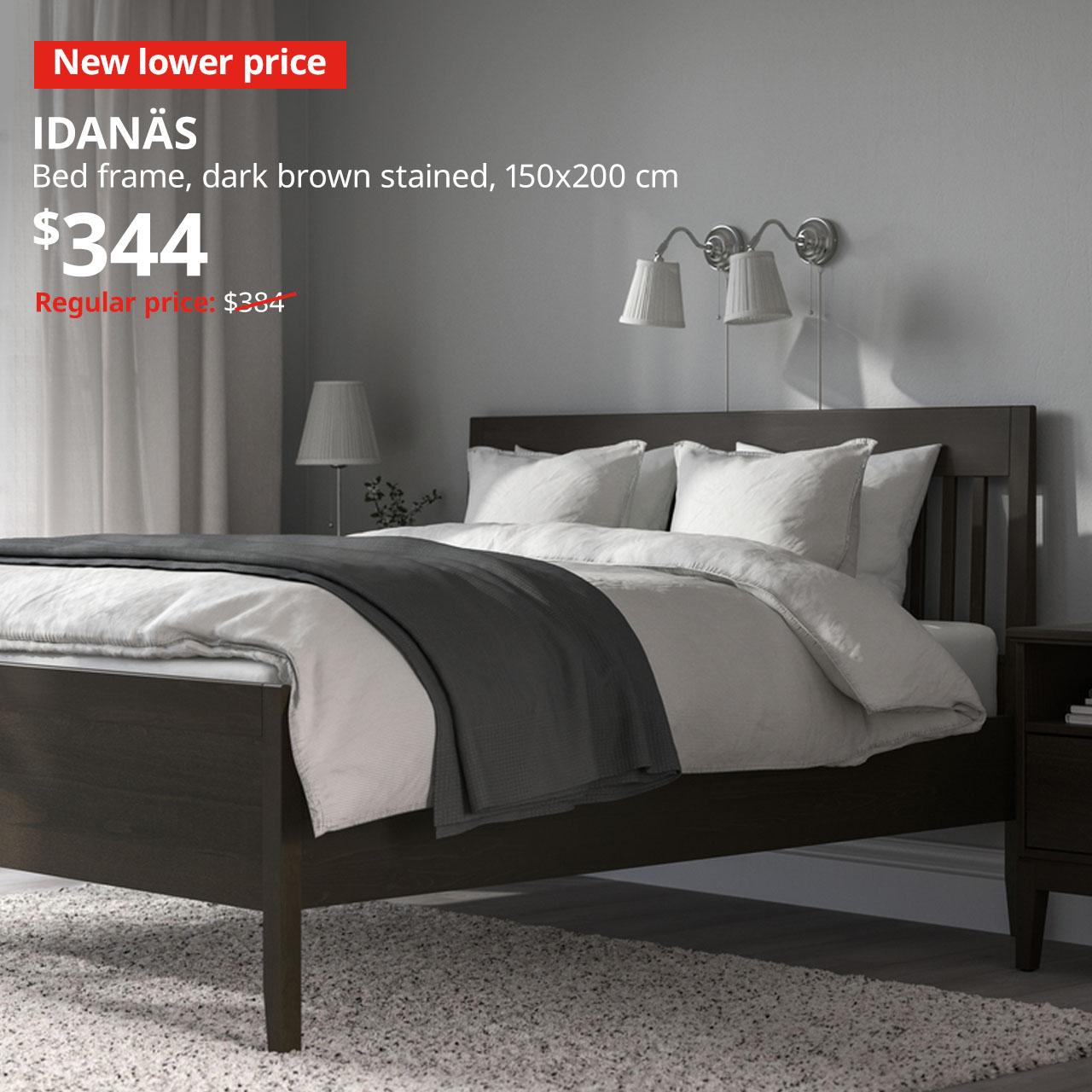 New lower price. Bedroom features IDANÄS bed frame, dark brown stained, 150x200 cm. Price: $344. Regular price: $384