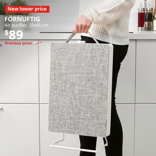 New lower price. FÖRNUFTIG air purifier, white, 31x45 cm. Price: $89. Previous price with red slash: $99.